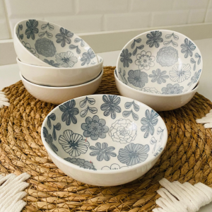 6 Pocillos de postre blanco con flores azules