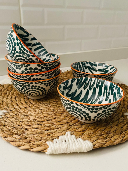 6 Pocillos de postre verde con naranjo